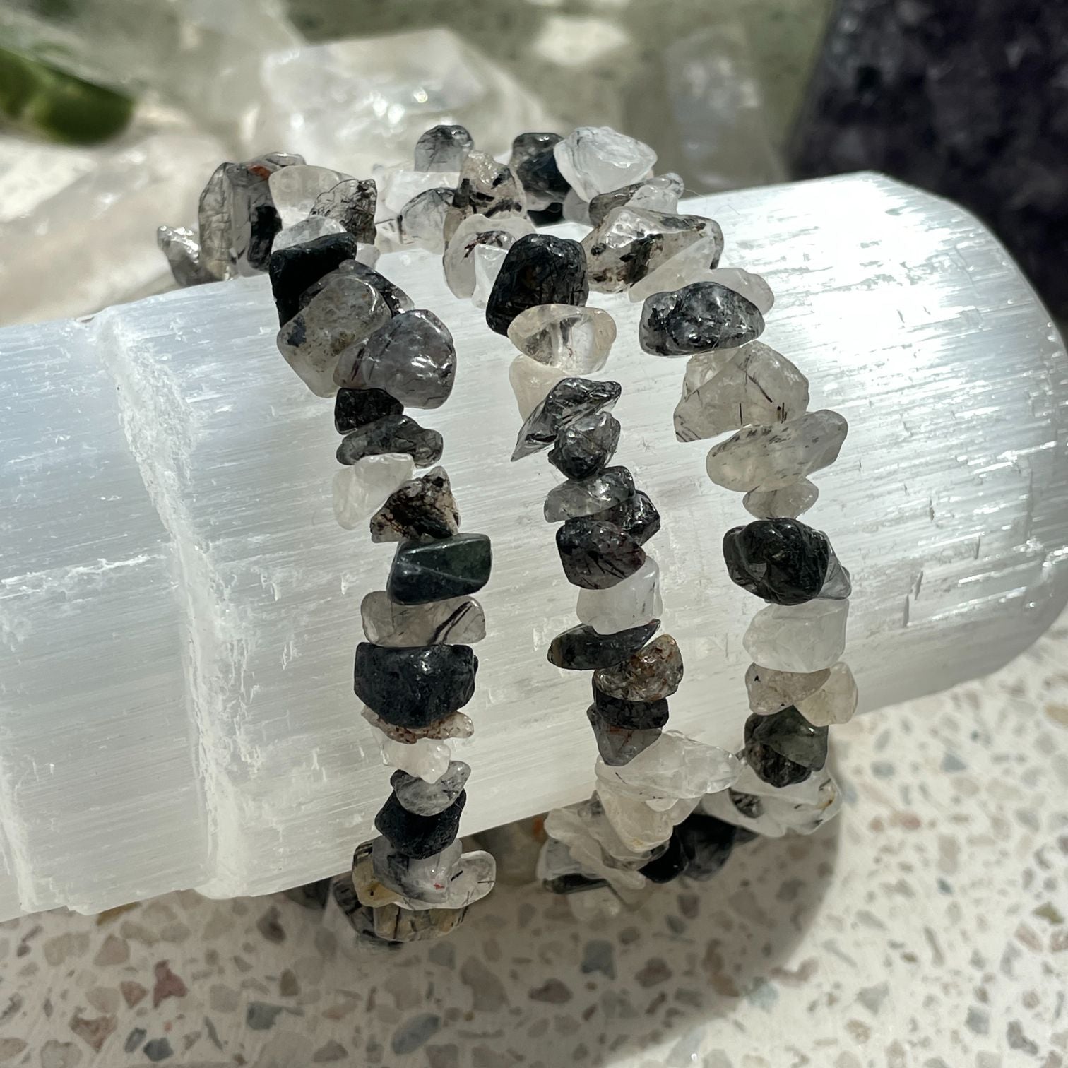 Tourmalinated Quartz Chip Bracelet - Dark Tourmalinated Quartz Chip Bracelet - Dark